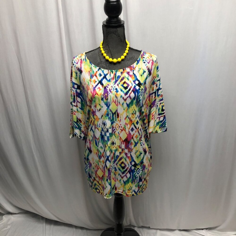 Erin London Womens Multicolor Abstract Print Top Sz Large Stretchy Short Sleeve